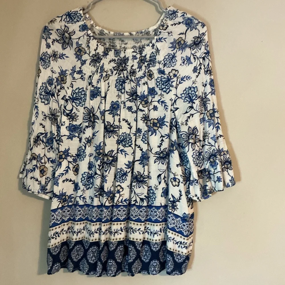 Blue White Floral Boho Blouse Medium Coastal Grandma - Picture 4 of 11